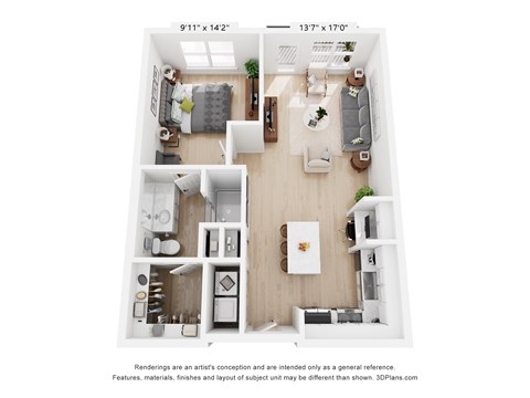 Floor plan for 1 bed, 1 bath, 716 sqft